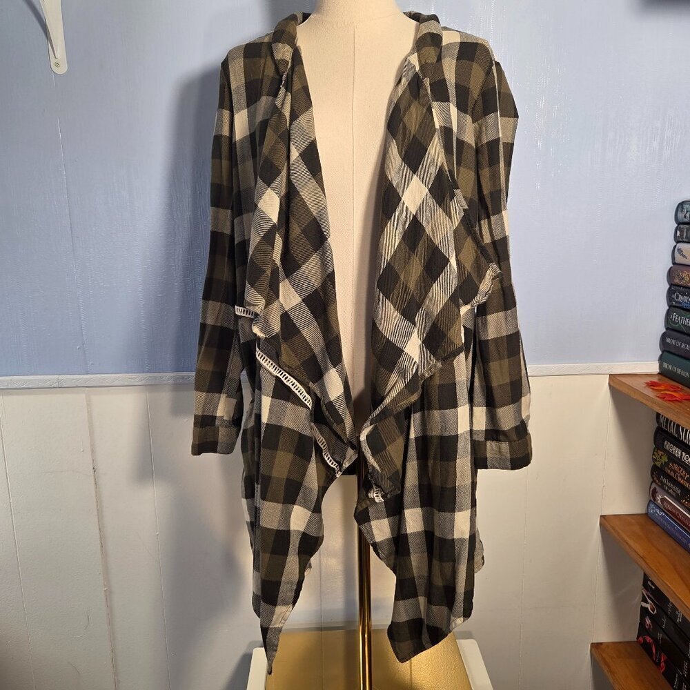 Indigo Soul Medium Olive Green Cream Lace Open Waterfall Casual Plaid Cardigan